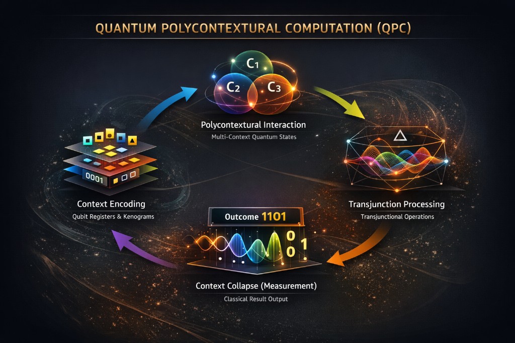 Quantum Polycontextural Computation (QPC) Process: Context Encoding → Polycontextural Interaction → Transjunction Processing → Context Collapse (Measurement)